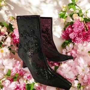 Black Heeled Boots with Floral Embroidery On Black Mesh